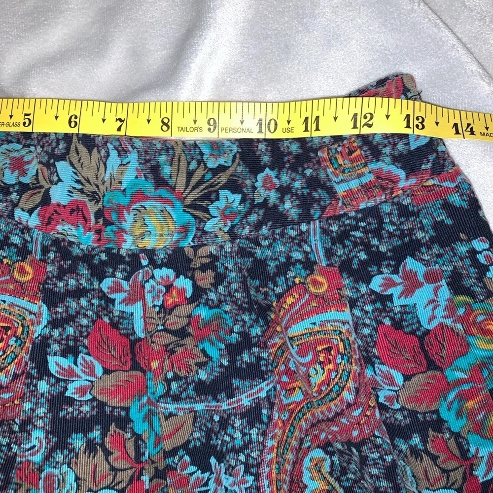 Hunt Club Floral Paisley midi corduroy pleated skirt teal blue burgundy size 10